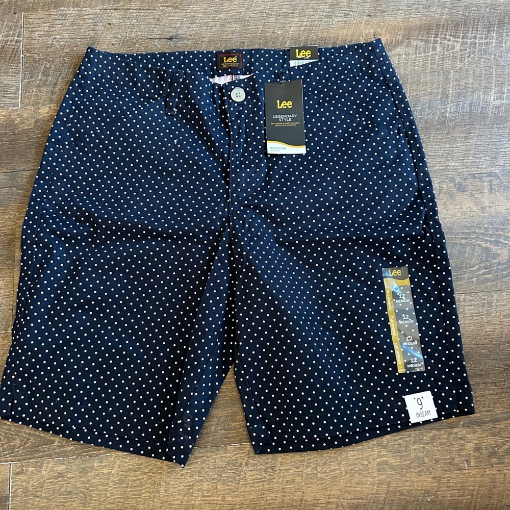 Lee Womens Preppy Pindot Bermuda‎ Shorts Navy Blue Polka Dot Mid Rise 12M